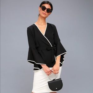 Lulus Auden Black & White Flounce Sleeve Wrap Top